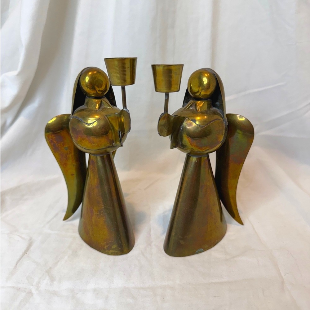 Vintage Brass Angel Candle Holders Set 2 Mid Century Modern MCM Christmas Decor